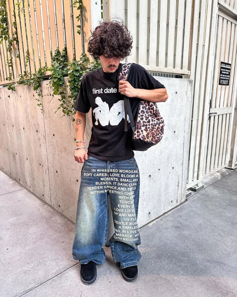 men Jeans vintage American Pattern letter jeans streetwear